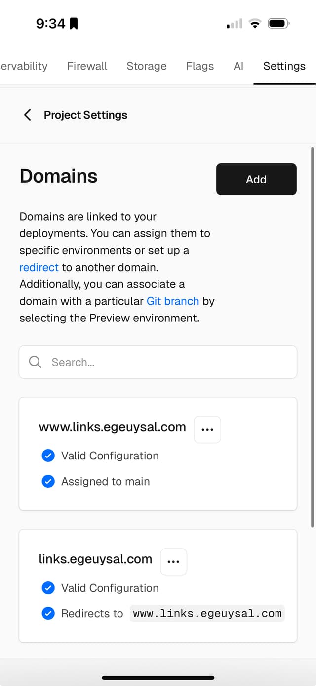 Vercel domain settings page showing custom domain configuration
