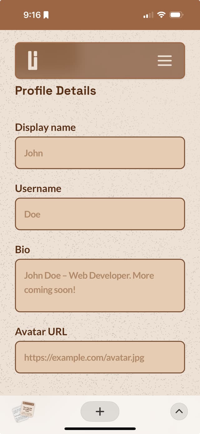 Creation page interface showing profile customization options