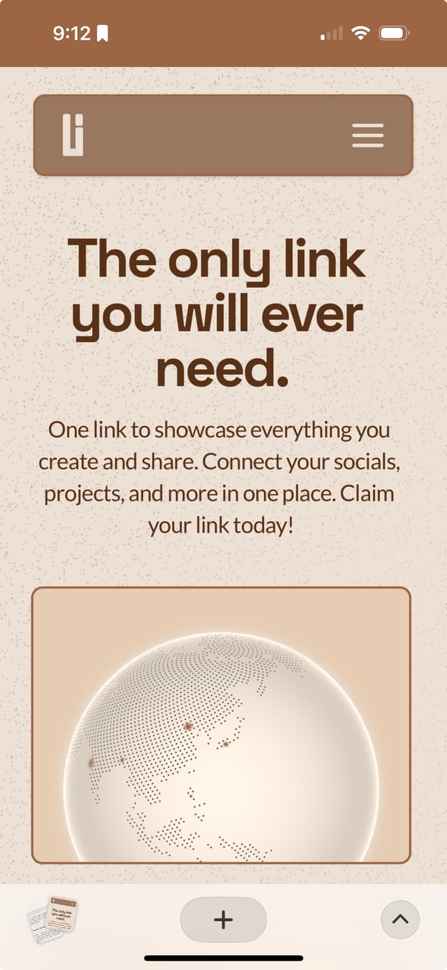 Homepage of Links showing the claim your link input field